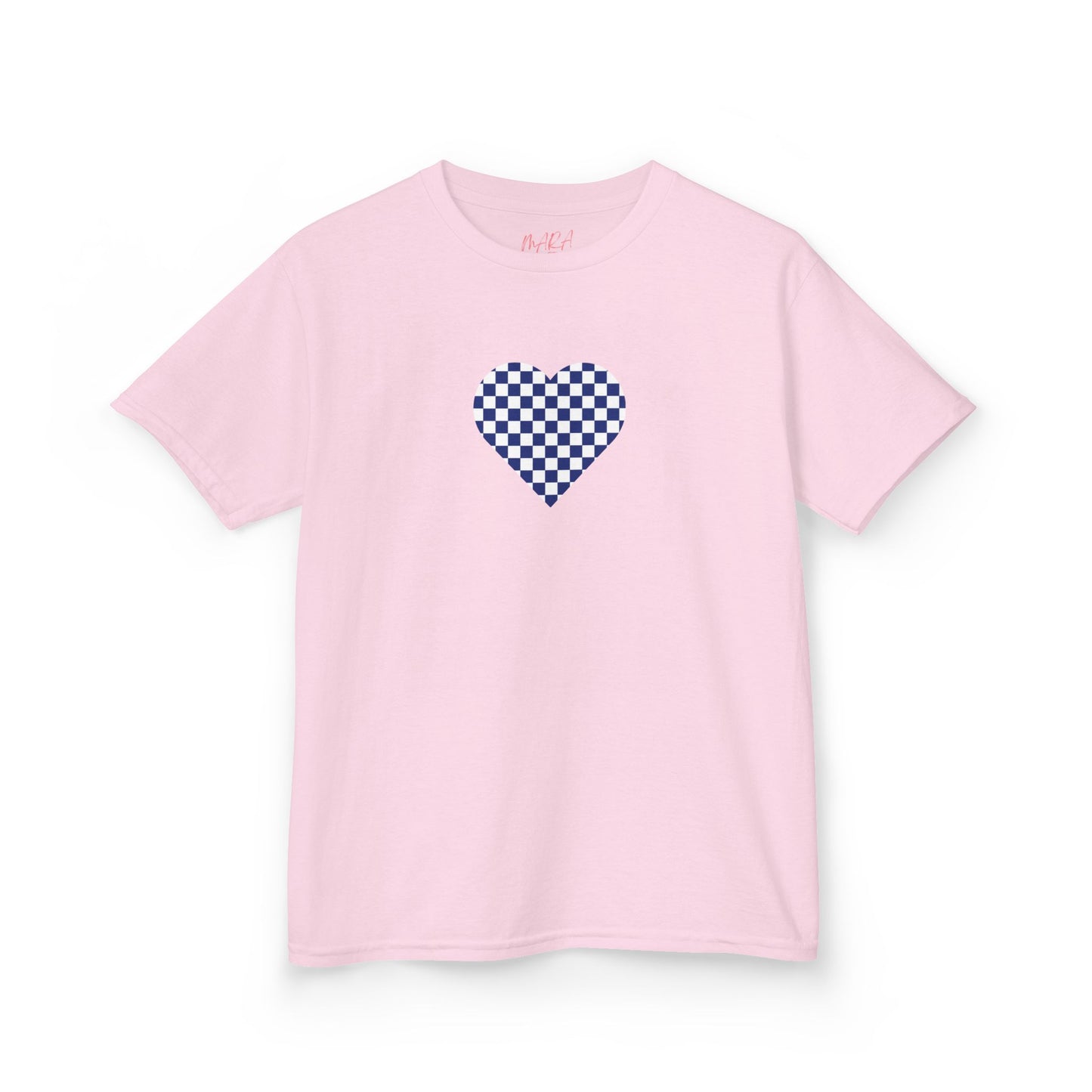 Pink t-shirt with a blue checkered heart design on a white background
