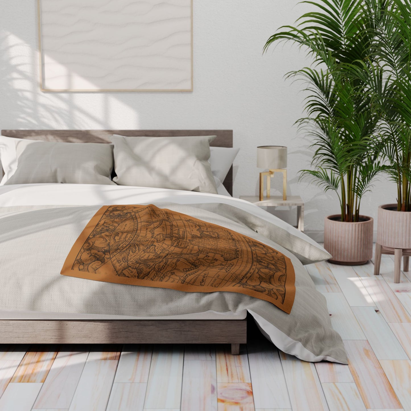 Bedroom with a bed featuring a decorative blanket, nightstands, and plants.