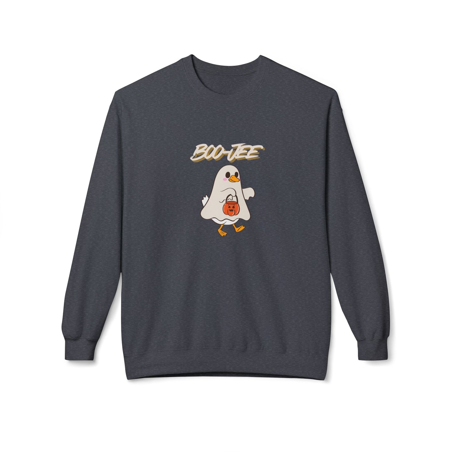 Gray sweatshirt with ghost and 'BOO-JEE' design on a white background