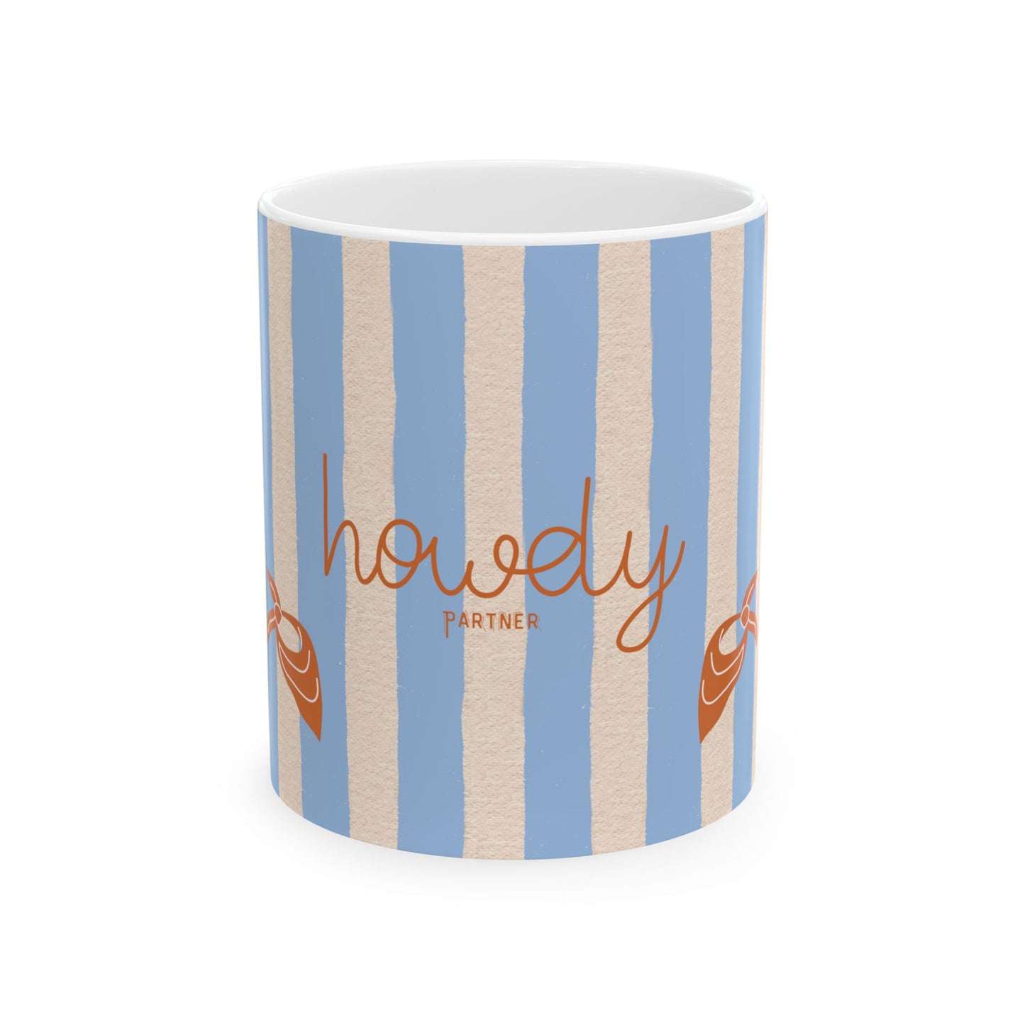 Mug with blue and beige striped pattern and 'howdy partner' text on a white background