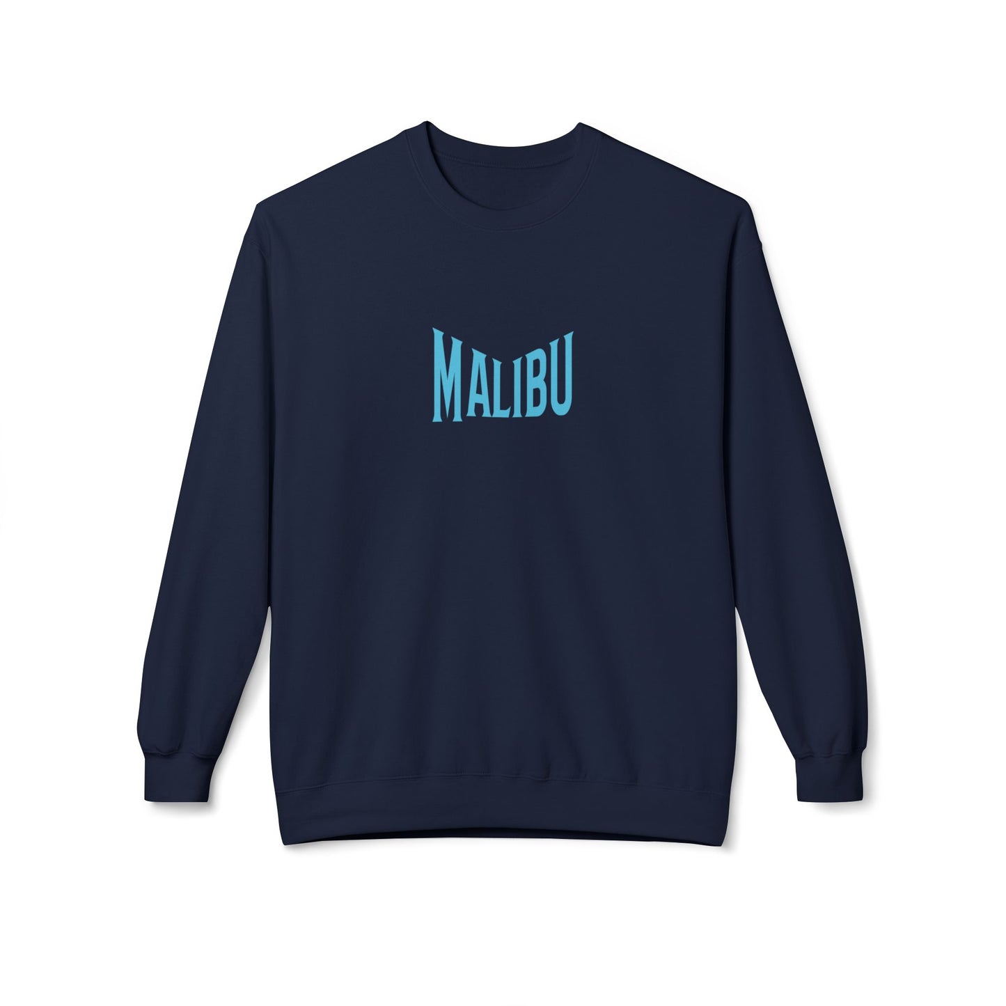 Navy blue sweatshirt with 'MALIBU' text on a white background
