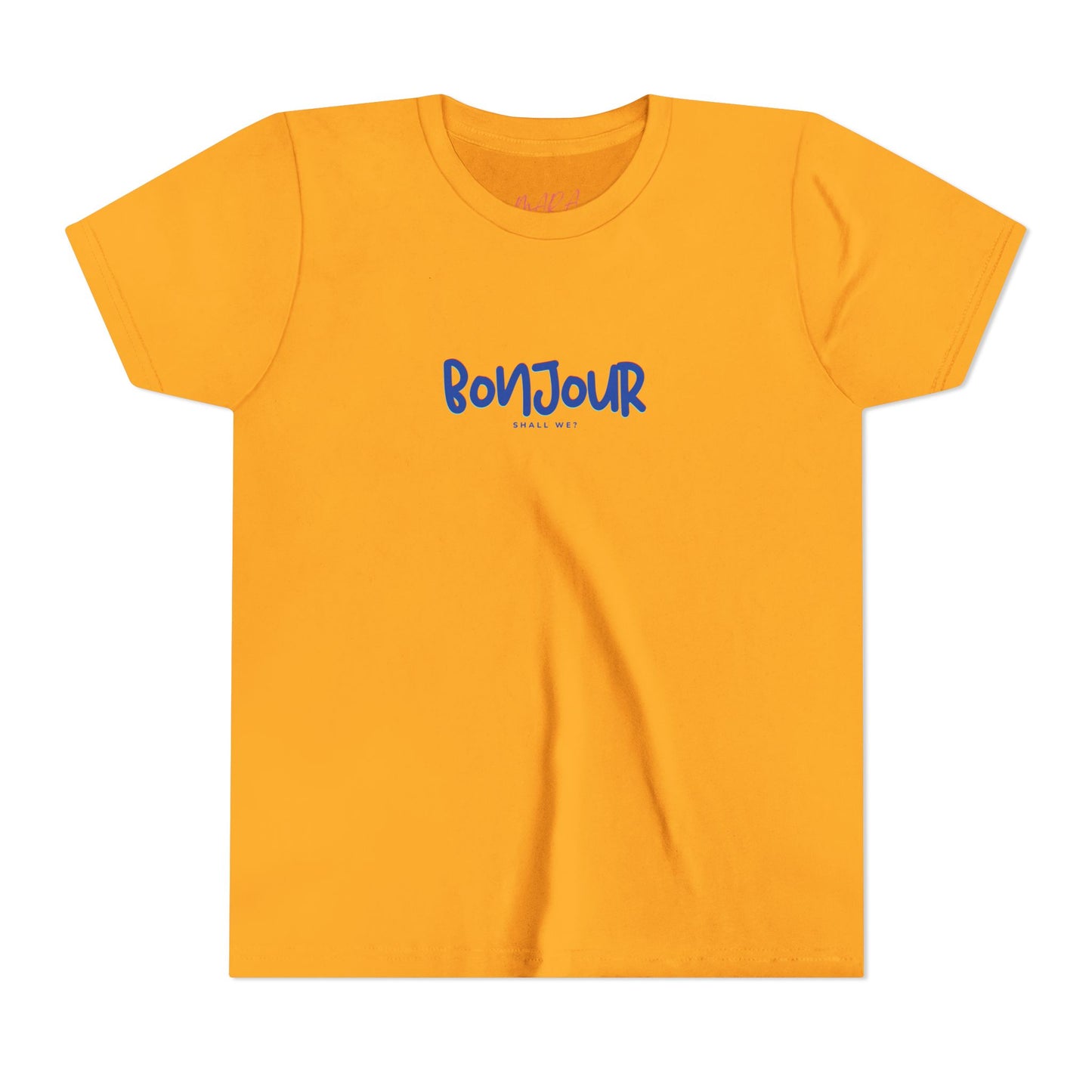 Yellow t-shirt with 'Bonjour' text in blue on a white background