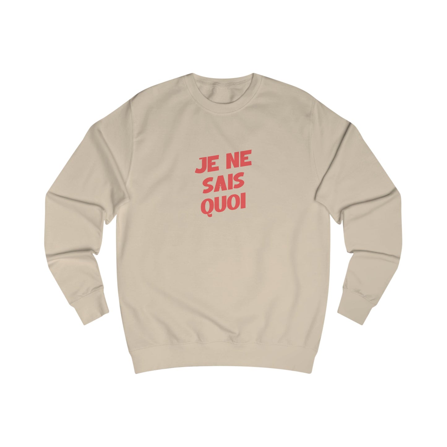 Beige sweatshirt with red text 'JE NE SAIS QUOI' on a white background