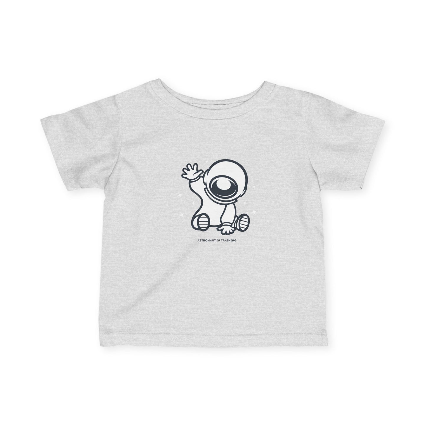Gray baby t-shirt with a black and white cartoon character on a white background