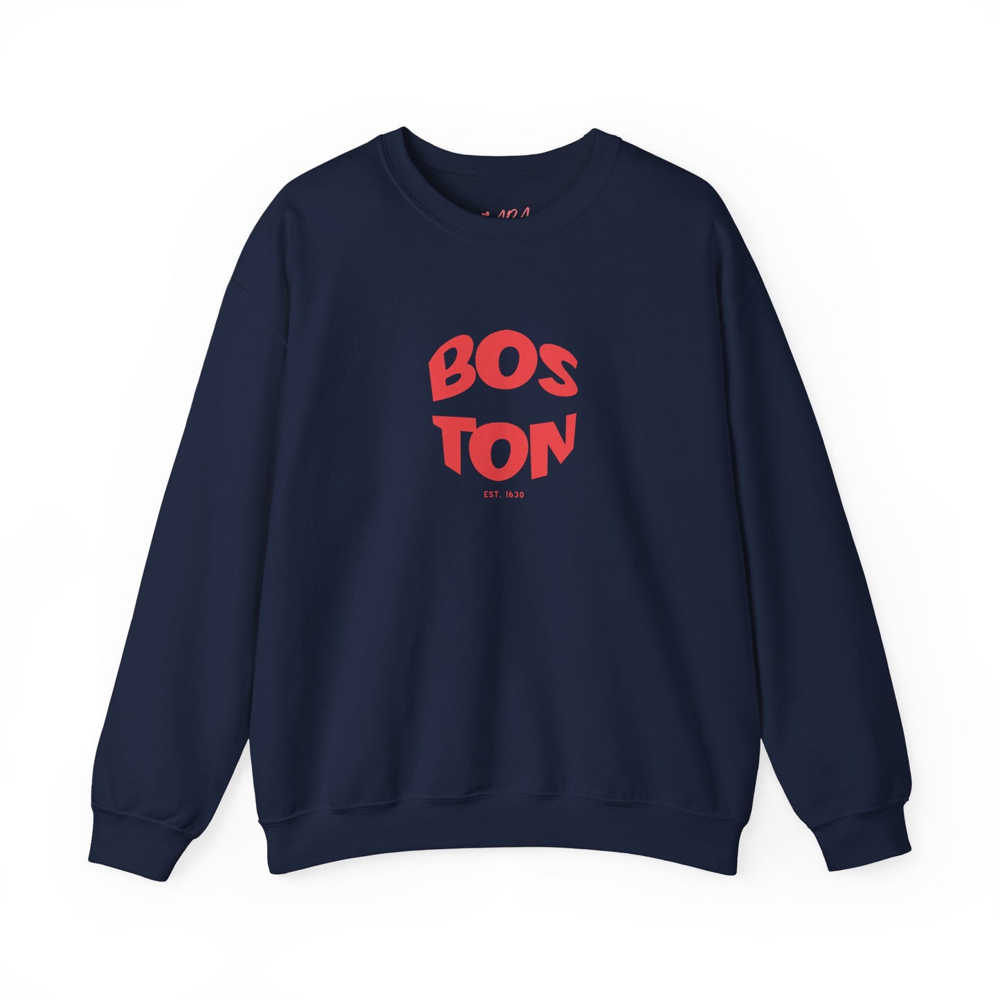 Navy blue sweatshirt with 'Boston' printed in red on a white background
