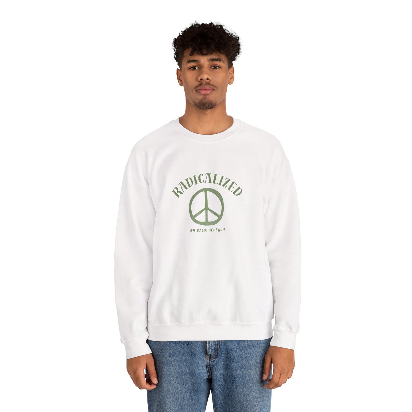 Person wearing a white sweatshirt with a peace symbol design on a white background