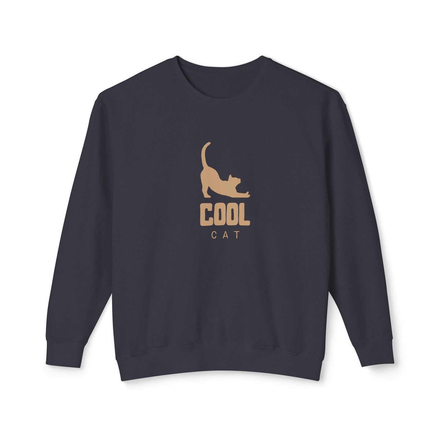 Navy blue sweatshirt with 'Cool Cat' text and cat graphic on a white background