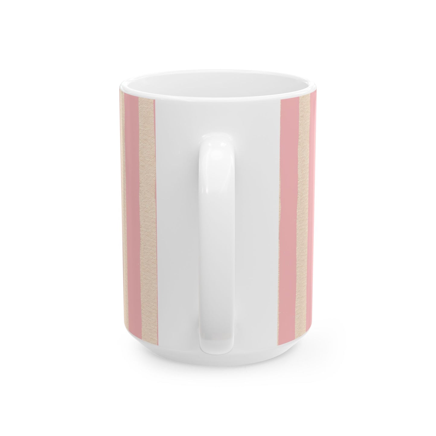 White mug with pink and gold stripes on a white background
