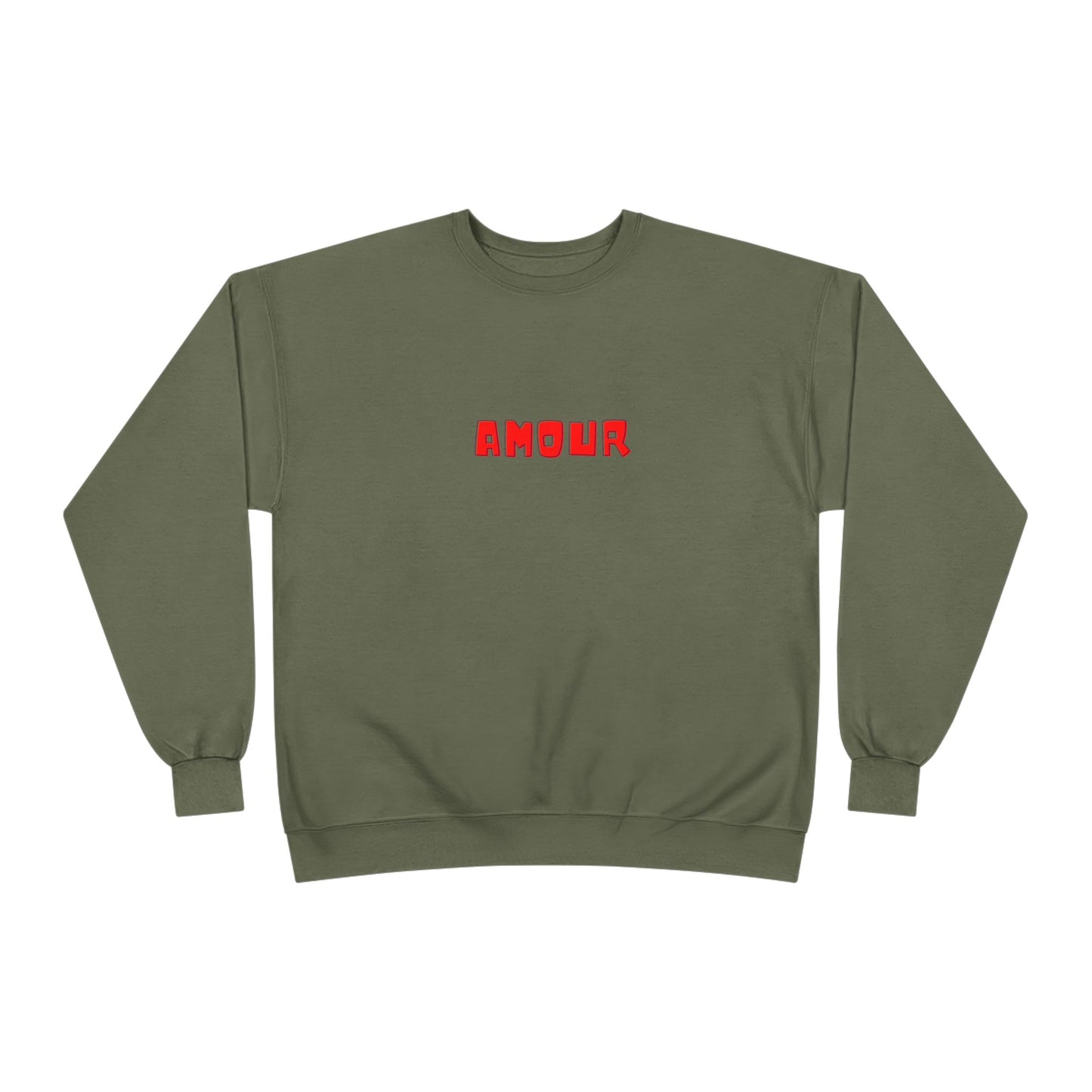 Green sweatshirt with red text 'AMOUR' on a white background