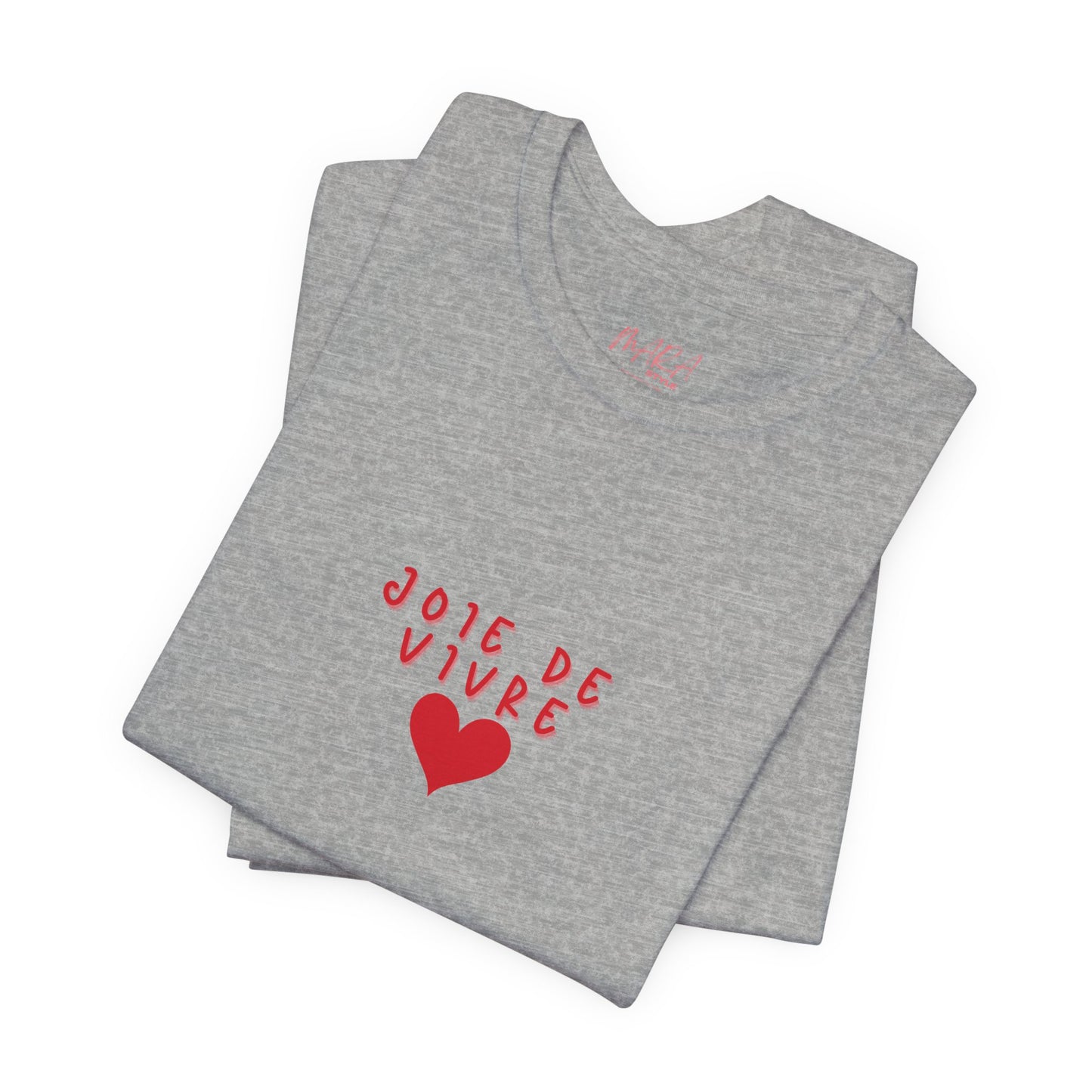 Gray t-shirt with red text and heart design on a white background