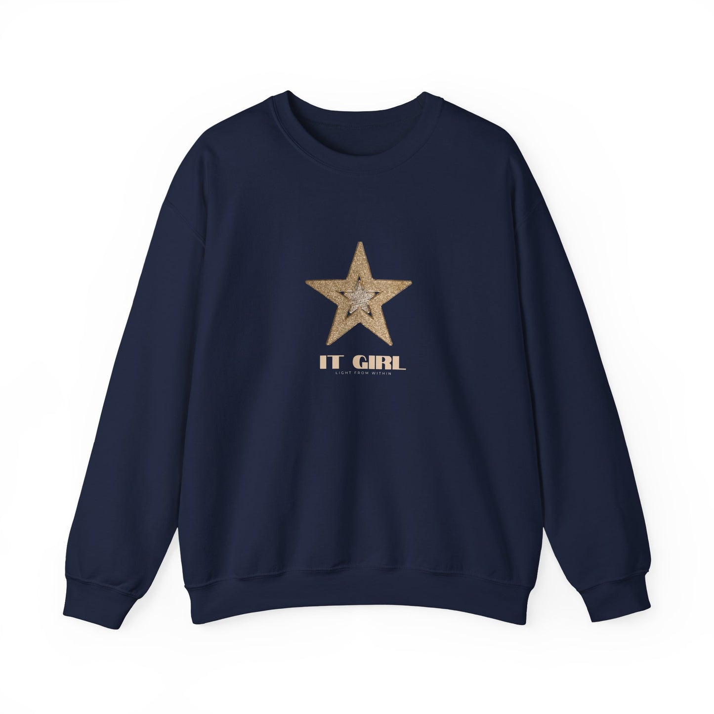 Navy blue sweatshirt with a gold star and 'IT GIRL' text on a white background