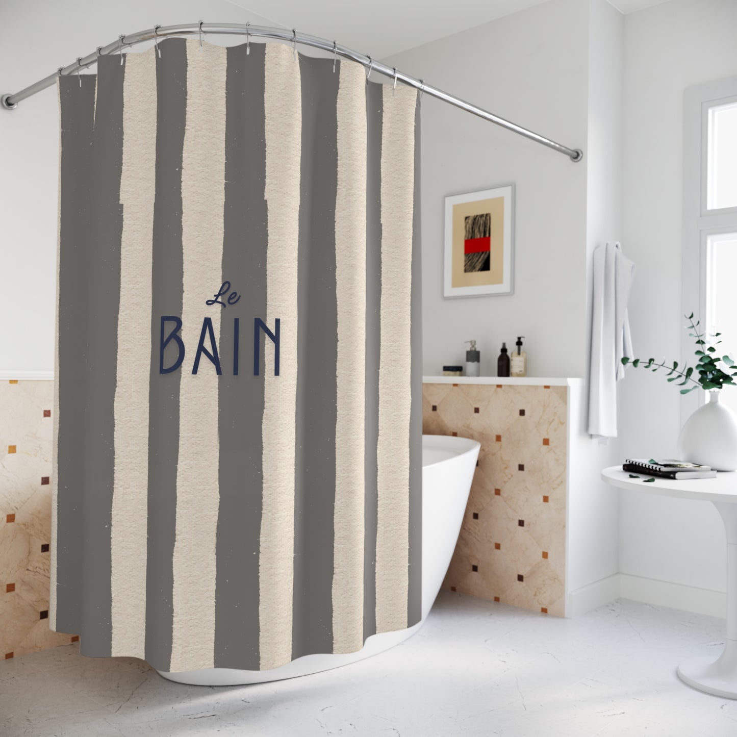 Striped shower curtain with 'Le Bain' text in a bathroom setting