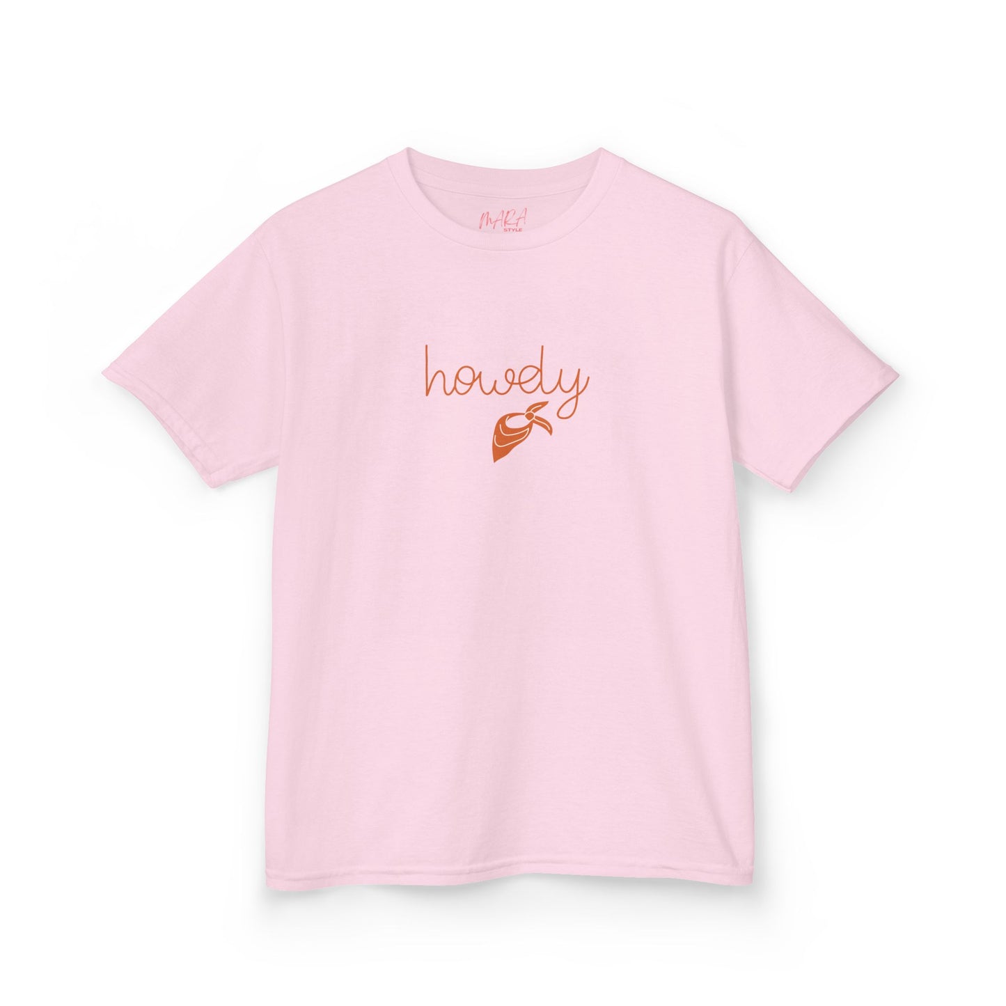 Pink t-shirt with 'howdy' and a leaf graphic on a white background