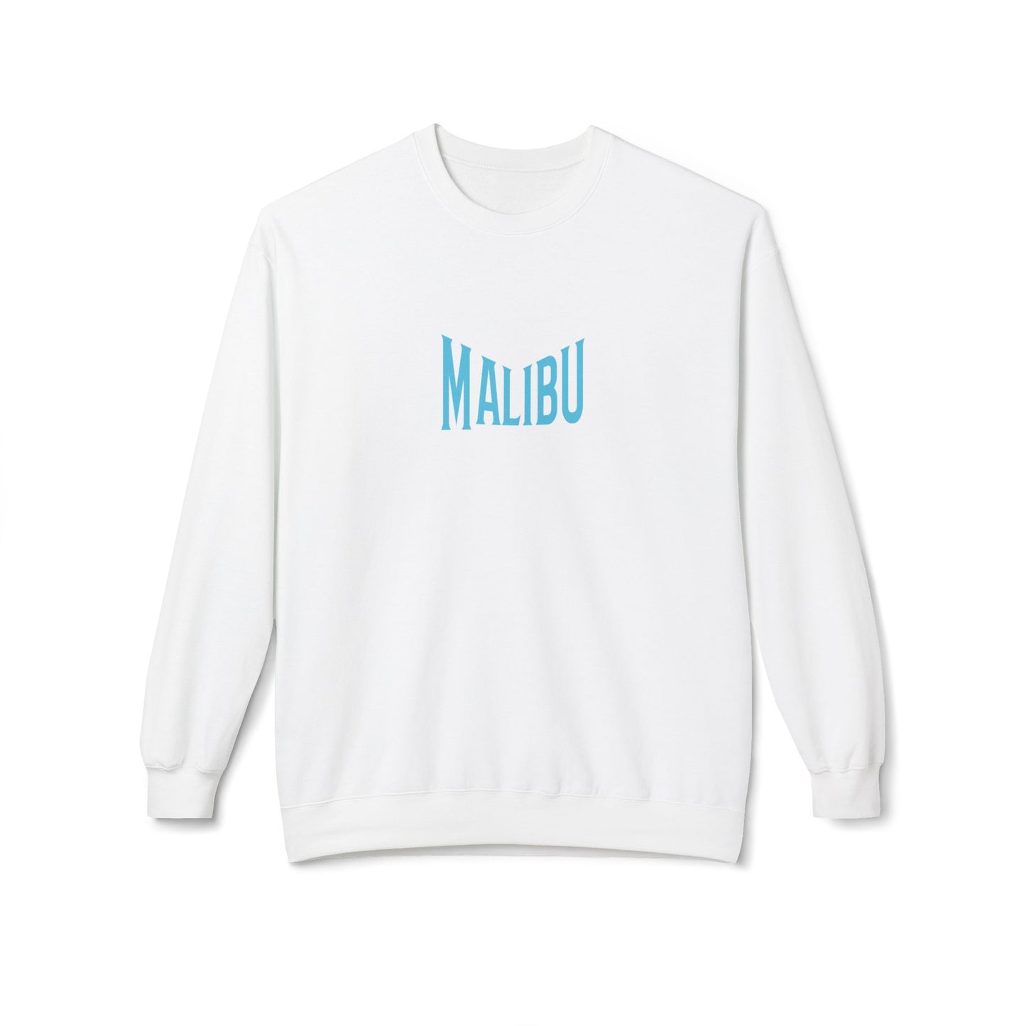 White sweatshirt with 'MALIBU' text in blue on a white background