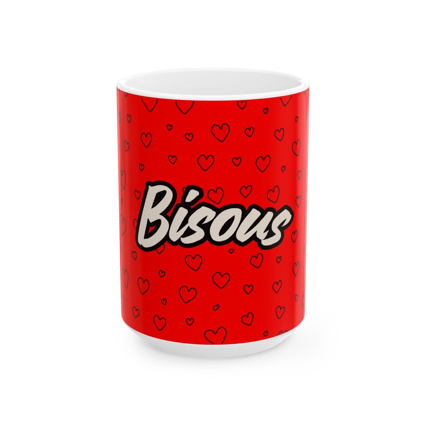 Red mug with heart patterns and 'Bisous' text on a white background
