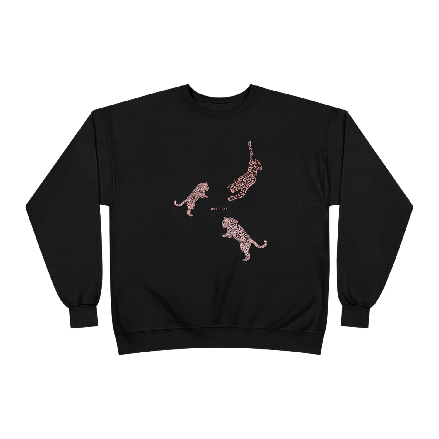 Black sweatshirt with pink leaping cat design on a white background