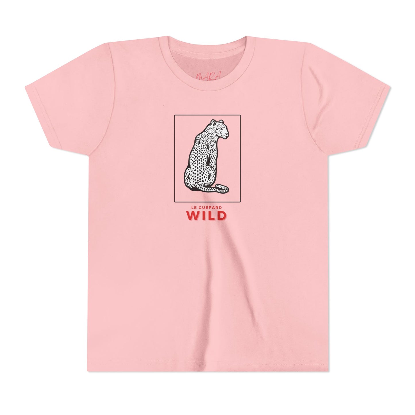 Pink t-shirt with a leopard graphic and 'WILD' text on a white background