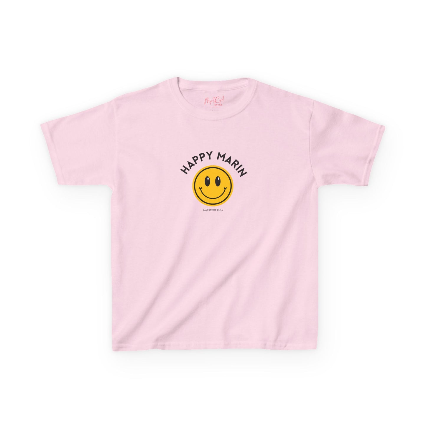 Pink t-shirt with a smiley face and 'Happy Marin' text on a white background