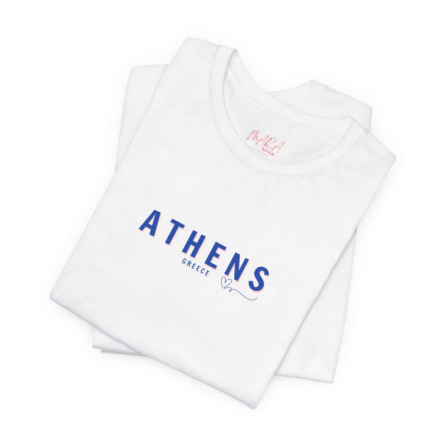 A folded blue t-shirt with 'ATHENS Greece' printed in a blue font on the front.