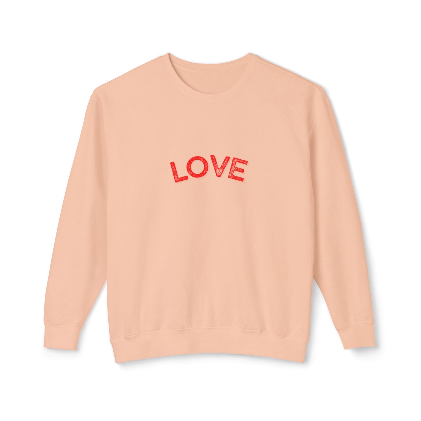 Pink sweatshirt with 'LOVE' printed on it against a white background
