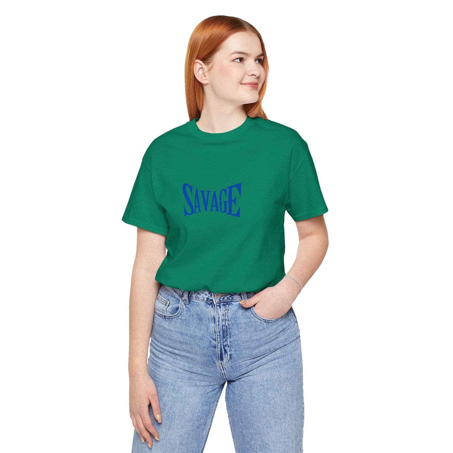 Person wearing a green t-shirt with 'SAVAGE' printed in blue on a white background