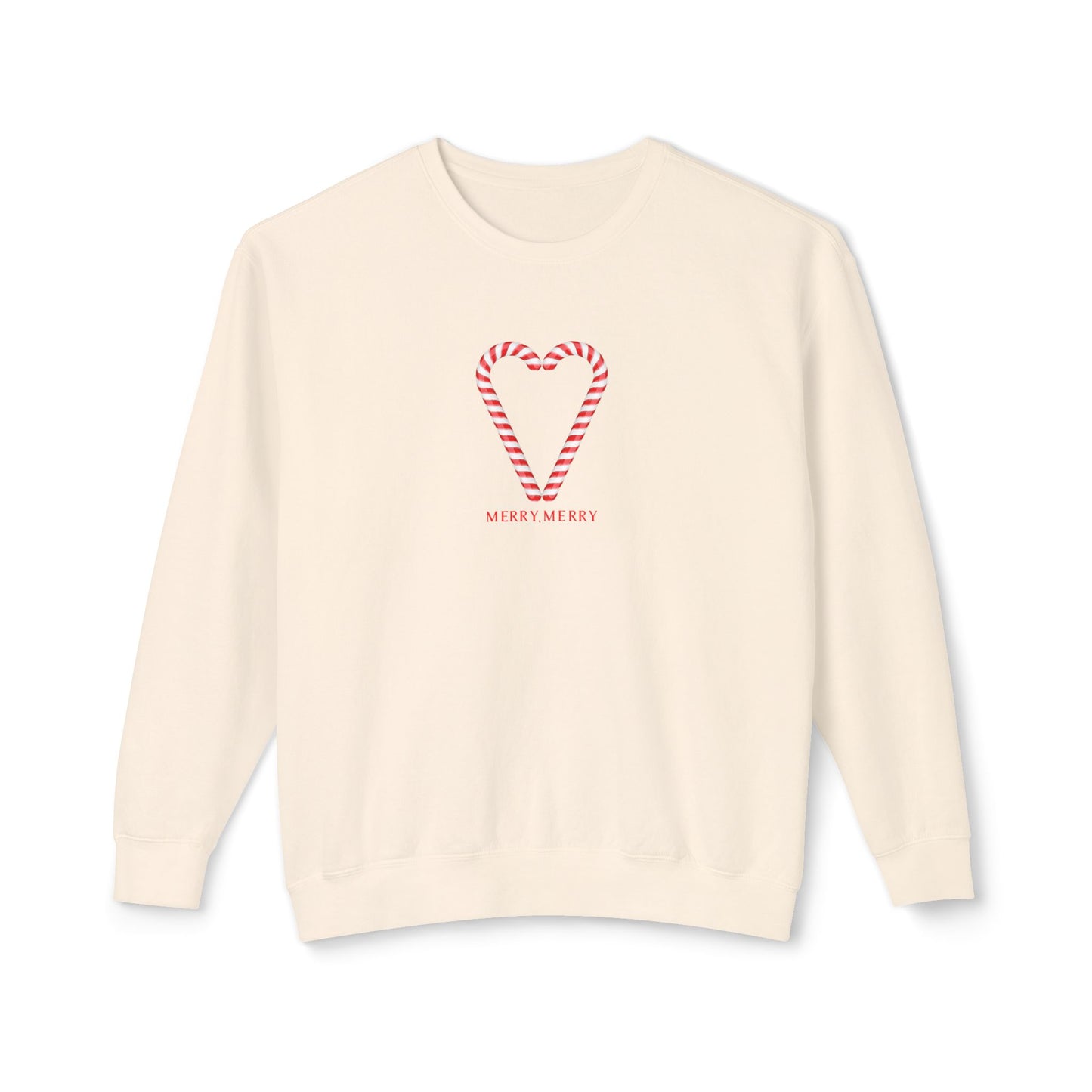 Beige sweater with candy cane heart design and 'Merry Christmas' text on a white background