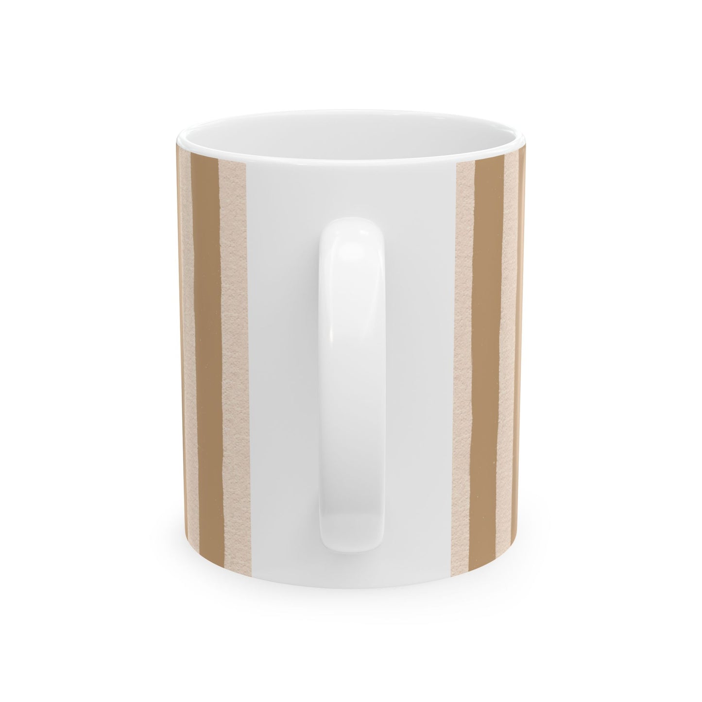 White mug with wooden accents on a white background