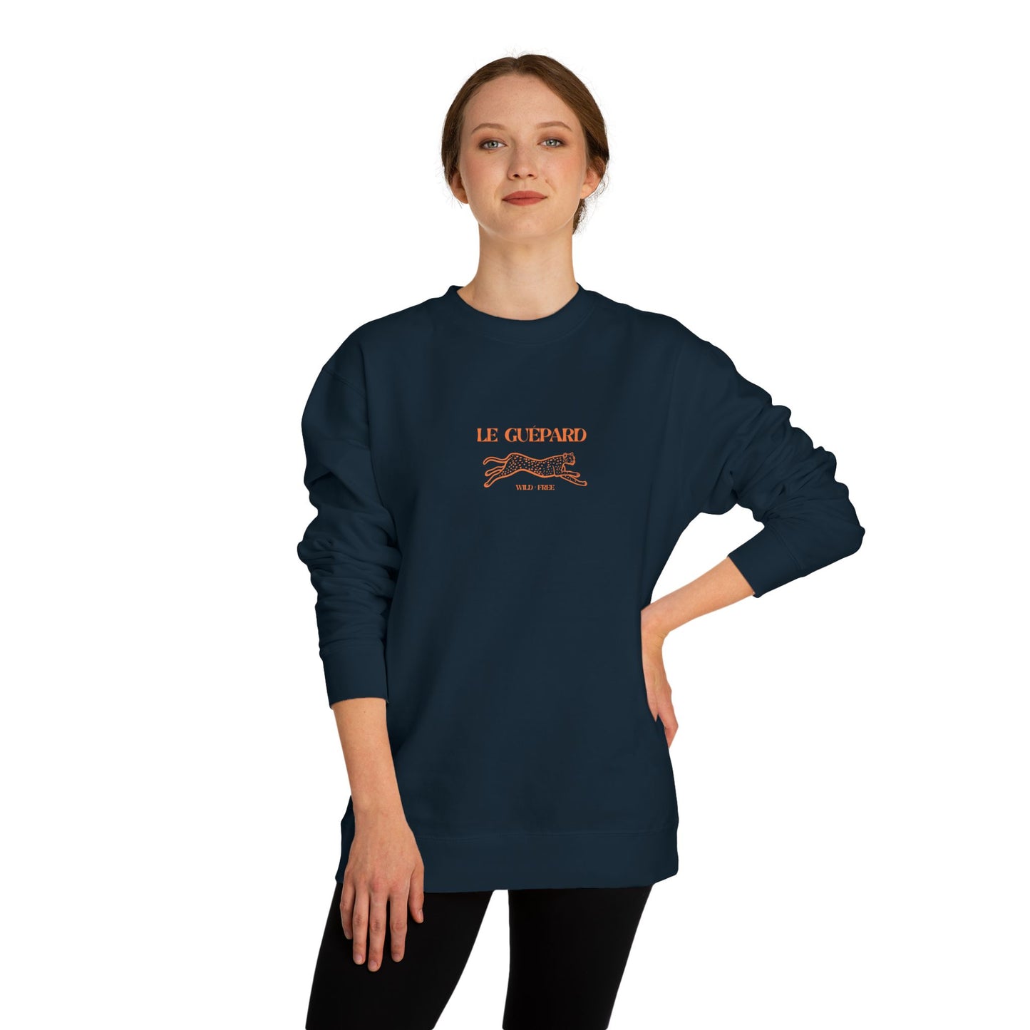 Person wearing a navy blue sweatshirt with 'Le Gepard" logo on a white background