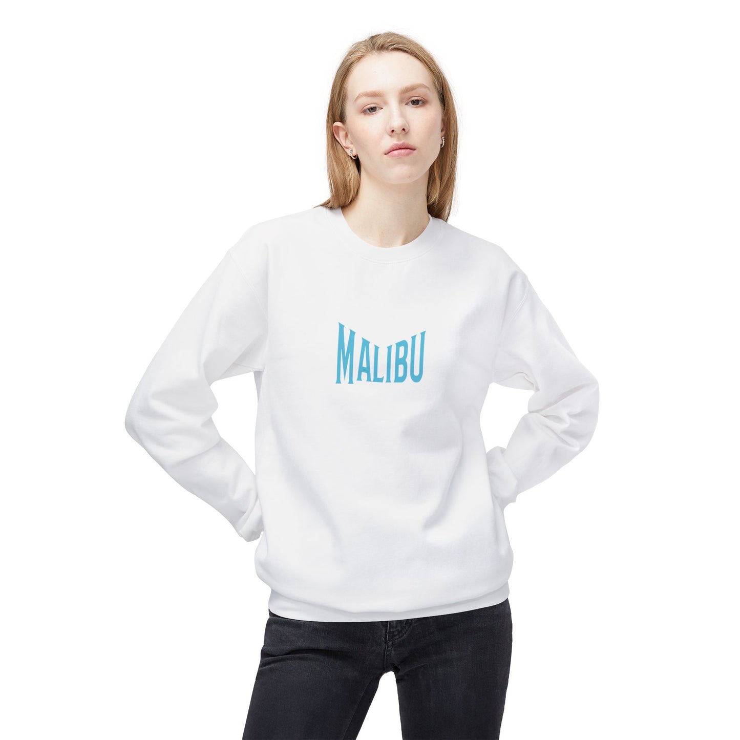 Person wearing a white sweatshirt with 'Malibu' printed on it against a white background