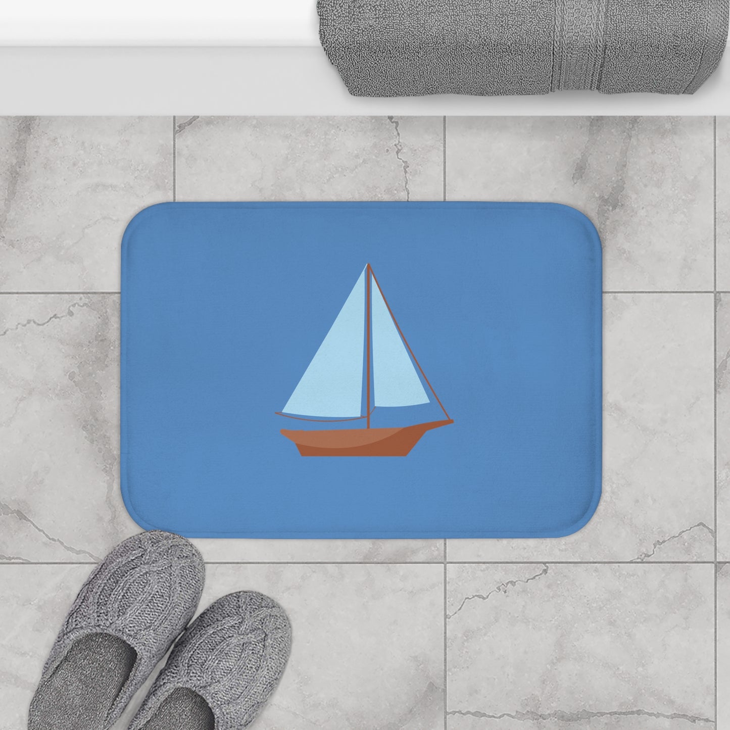 Nautical Vintage Sailboat Bath Mat, FRENCH BLUE — Soft Coastal Bathroom Rug