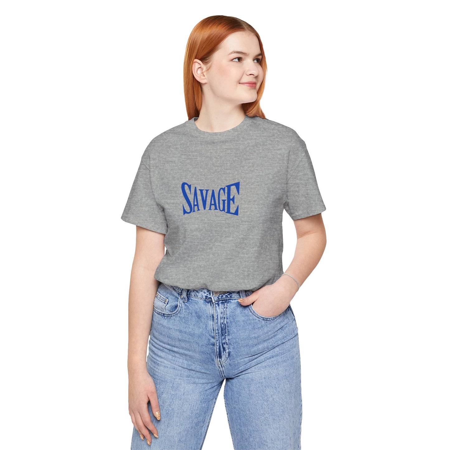 Person wearing a gray t-shirt with 'SAVAGE' in blue text on a white background