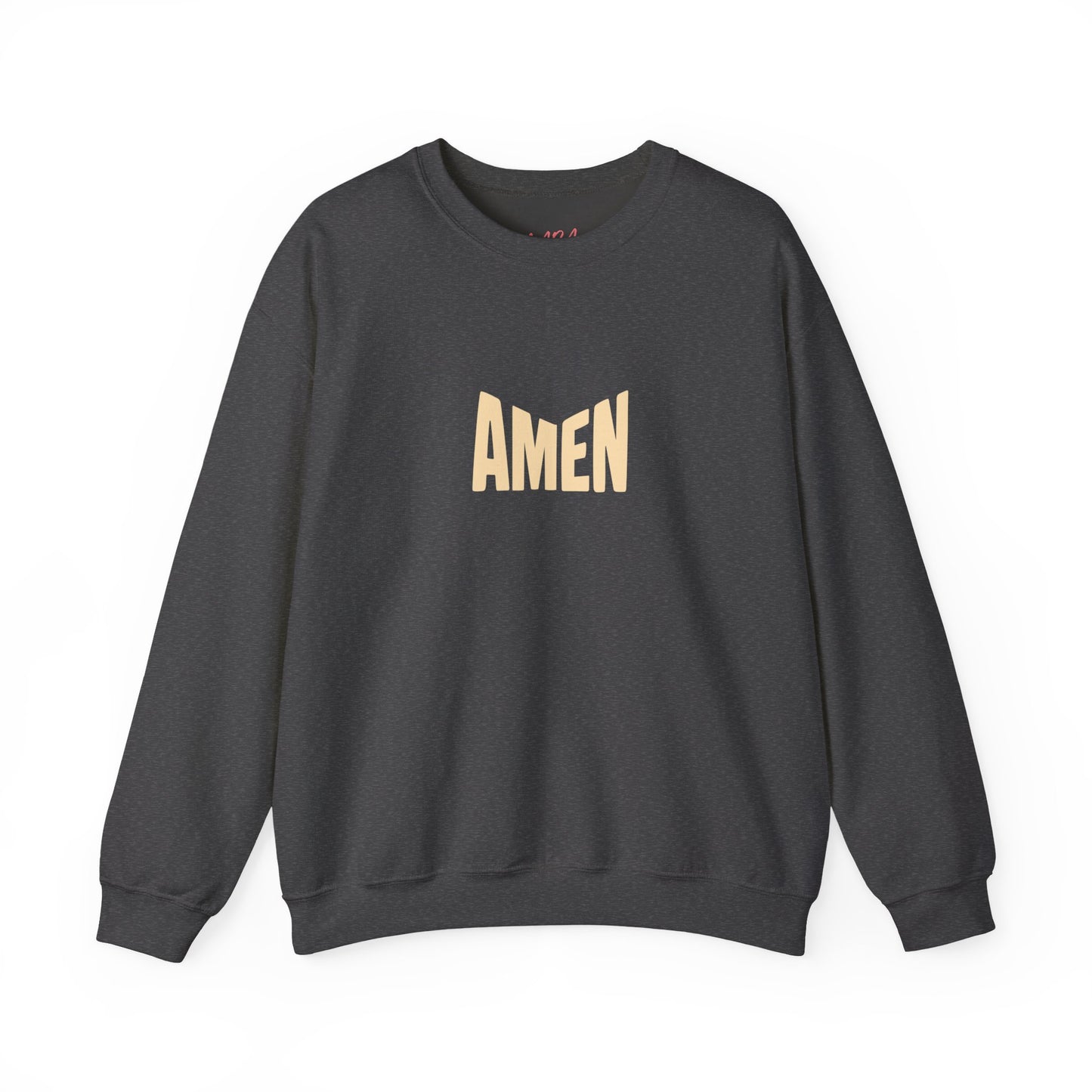 Dark gray sweatshirt with 'AMEN' printed in beige on a white background