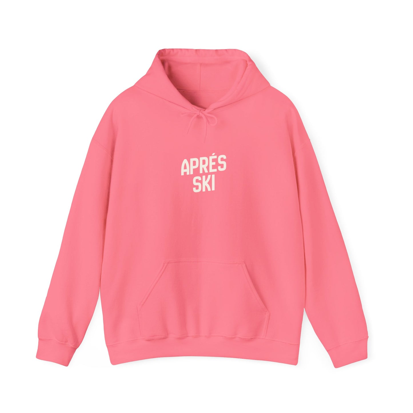 Pink hoodie with 'APRéS SKI' text on a white background