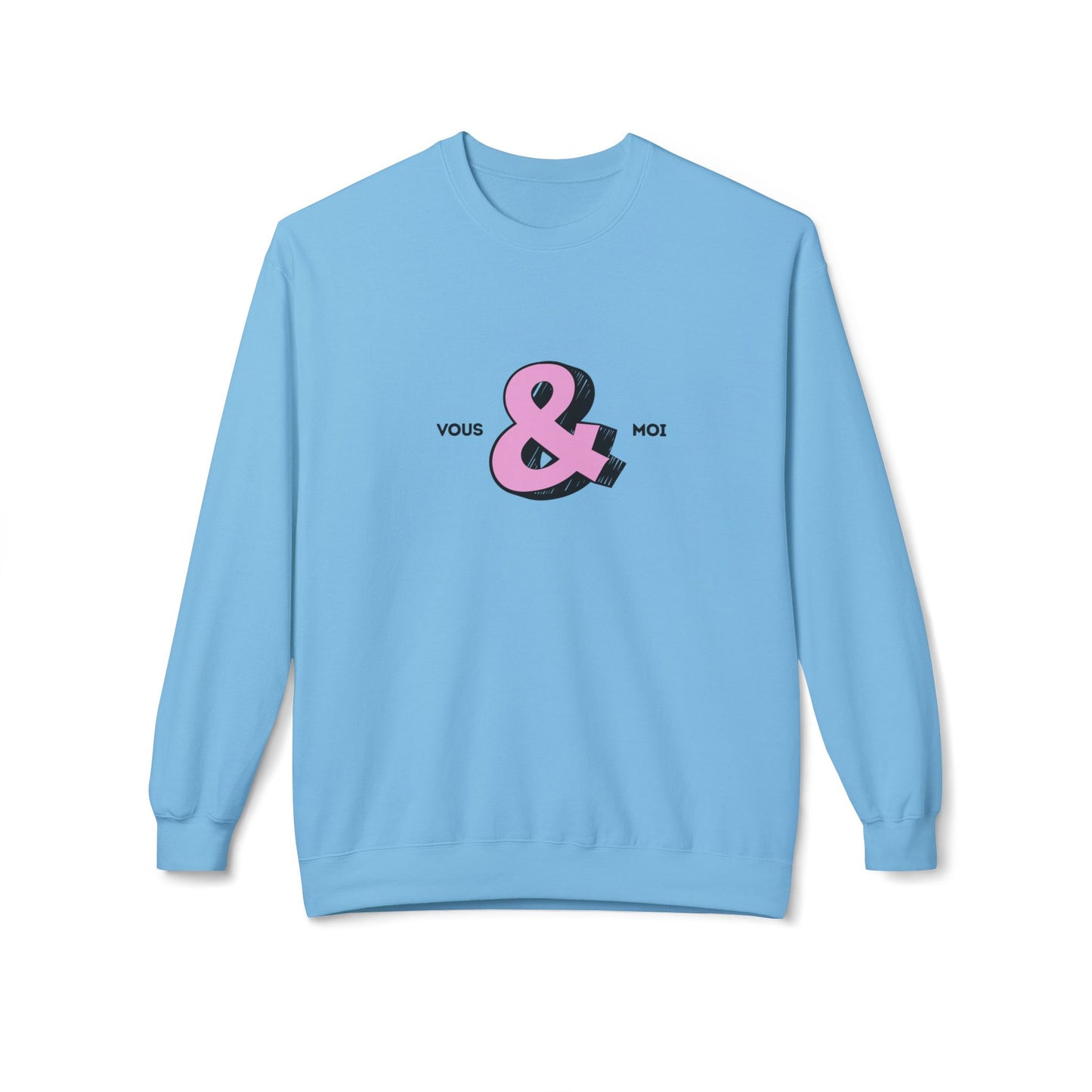 Light blue sCouples weatshirt with pink and black design on a white background