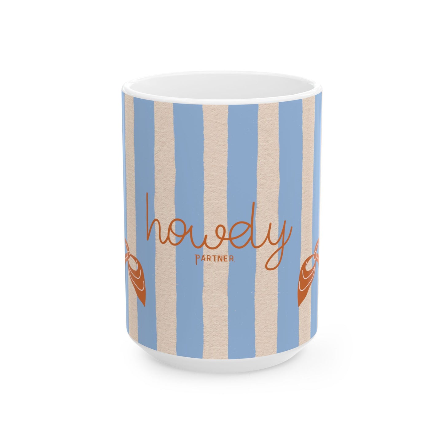 Mug with blue and beige striped pattern and 'howdy partner' text on a white background