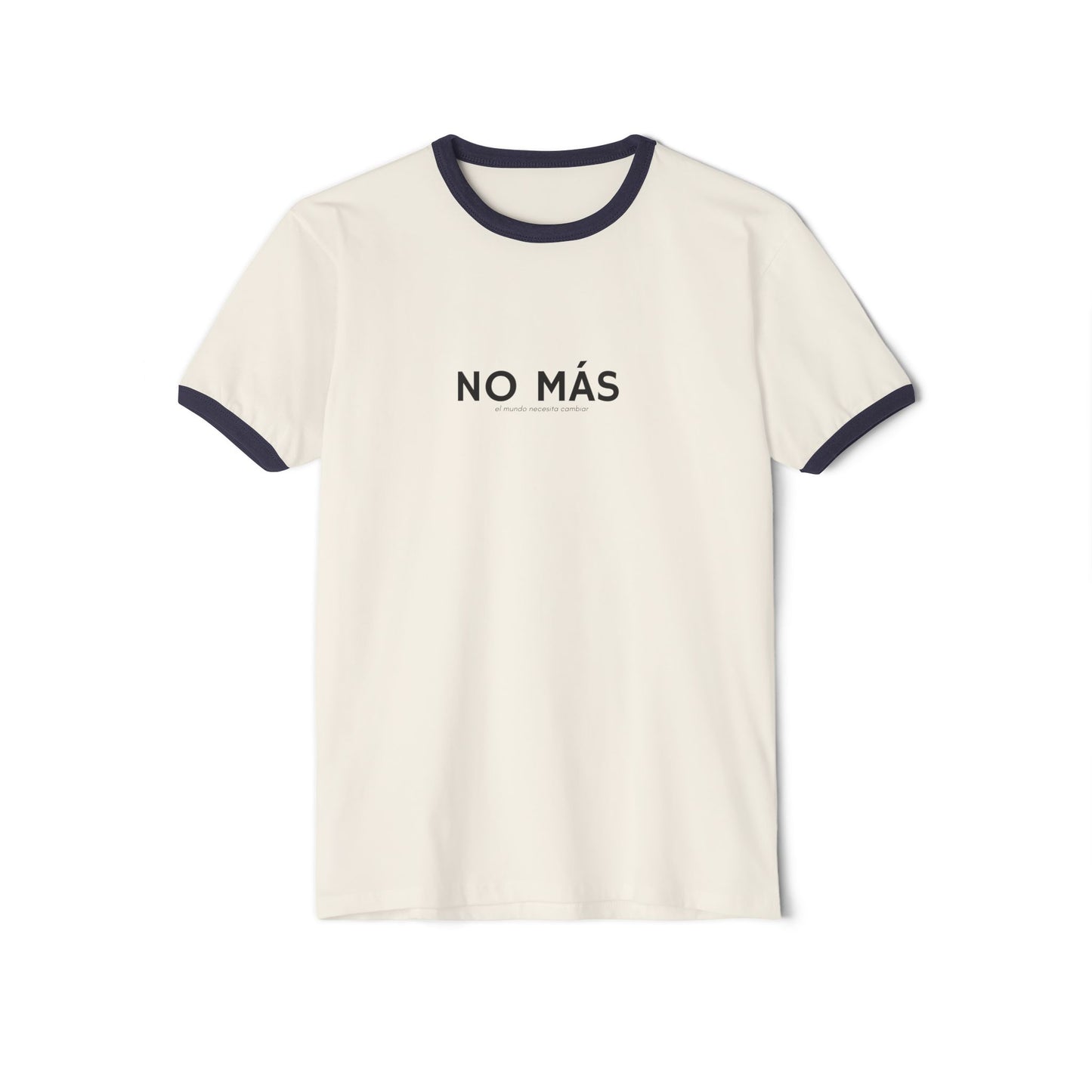 White t-shirt with 'NO MÁS' text on a white background
