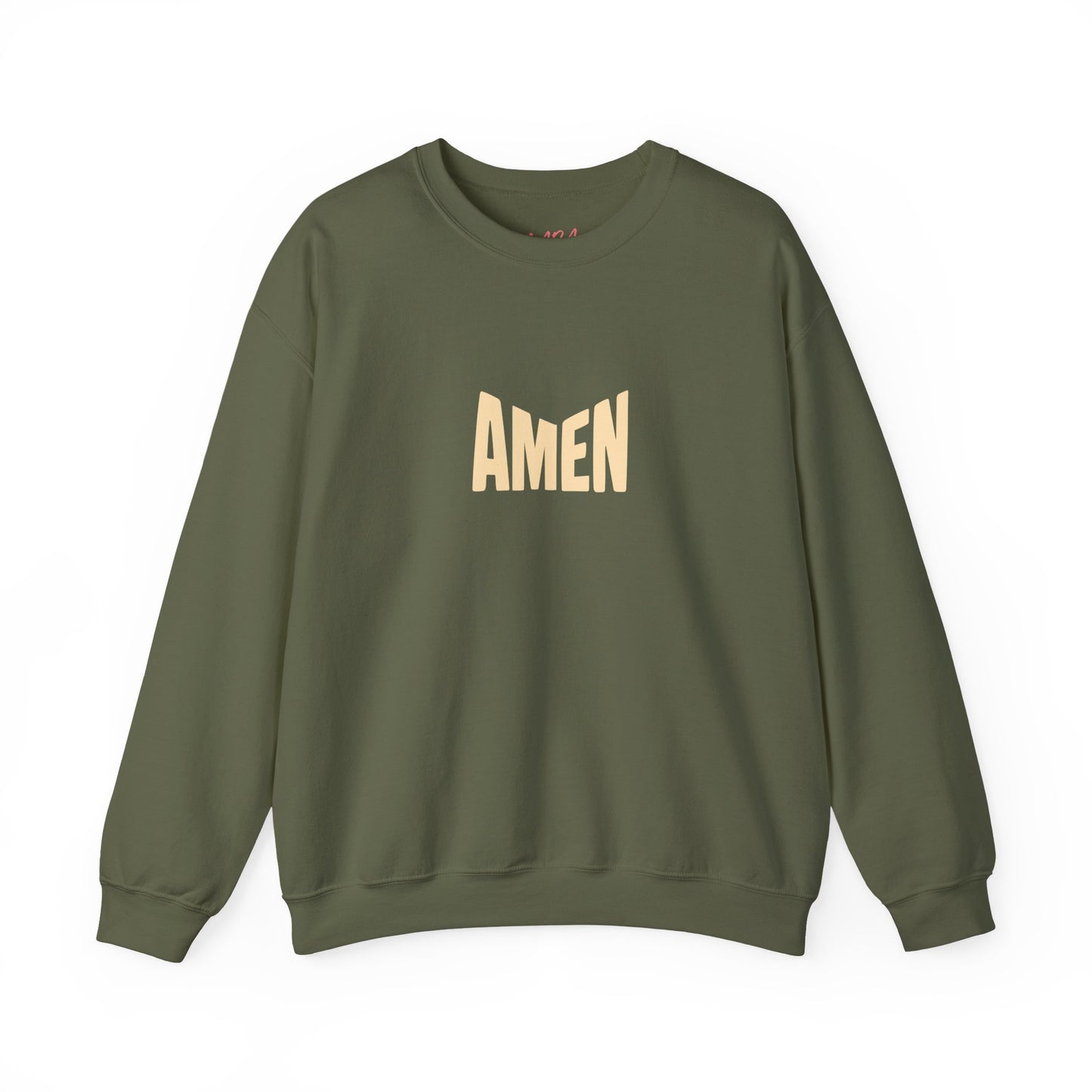 Green sweatshirt with 'AMEN' text on a white background