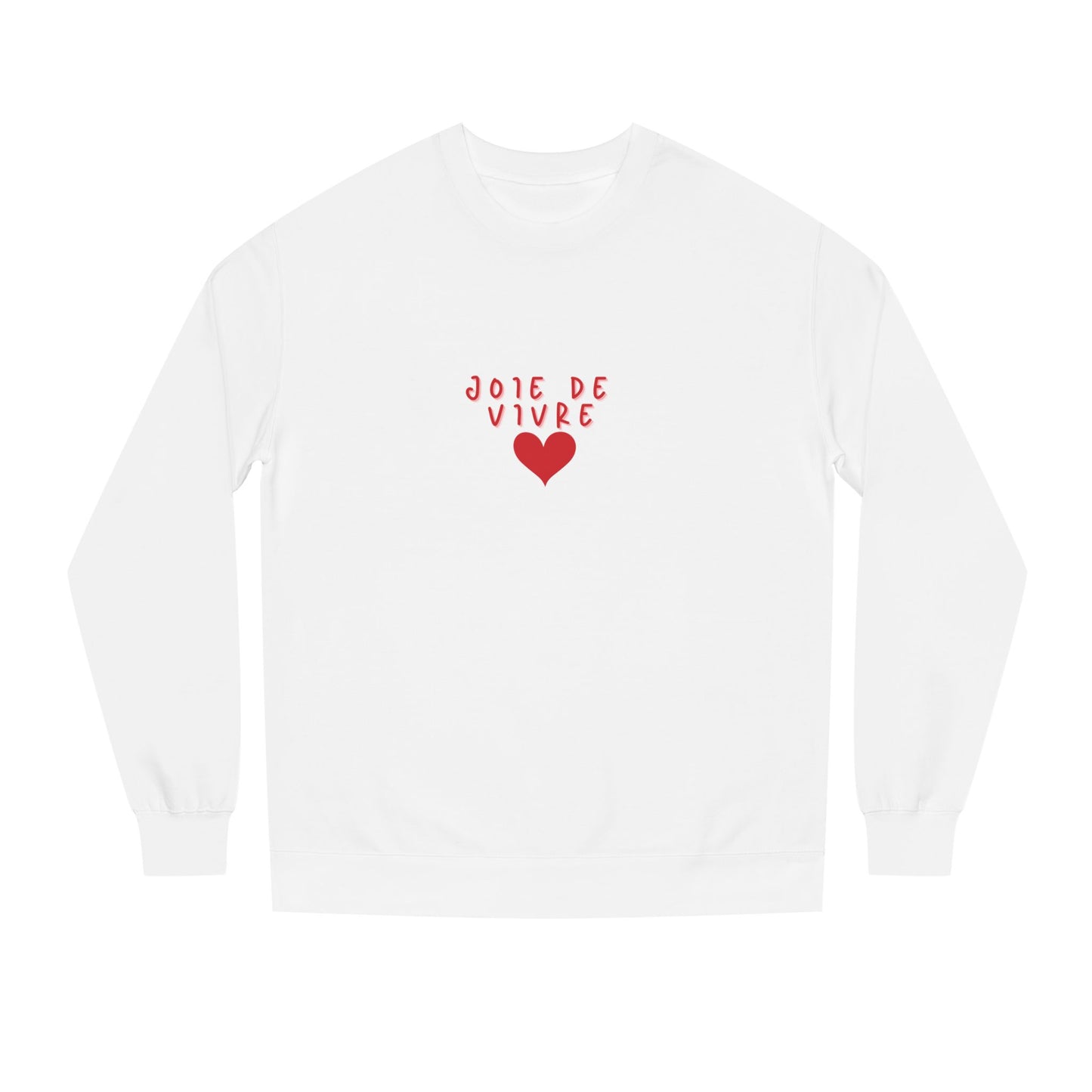 White sweatshirt with red text and heart design on a white background
