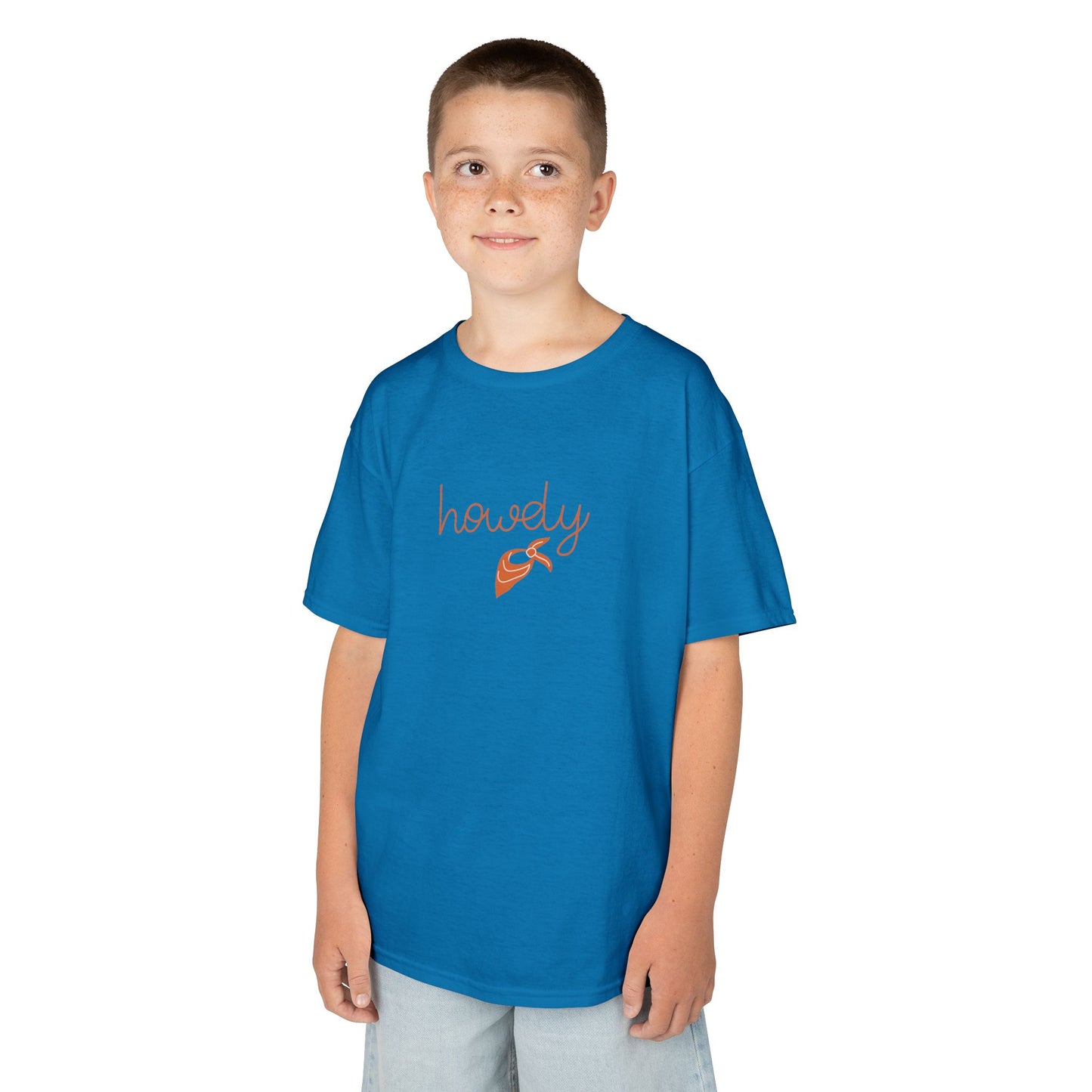 Child wearing a blue t-shirt with 'howdy' and an arrow graphic on a white background