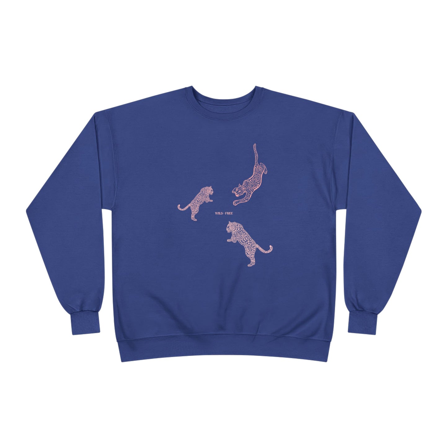 Blue sweatshirt with pink tiger designs on a white background