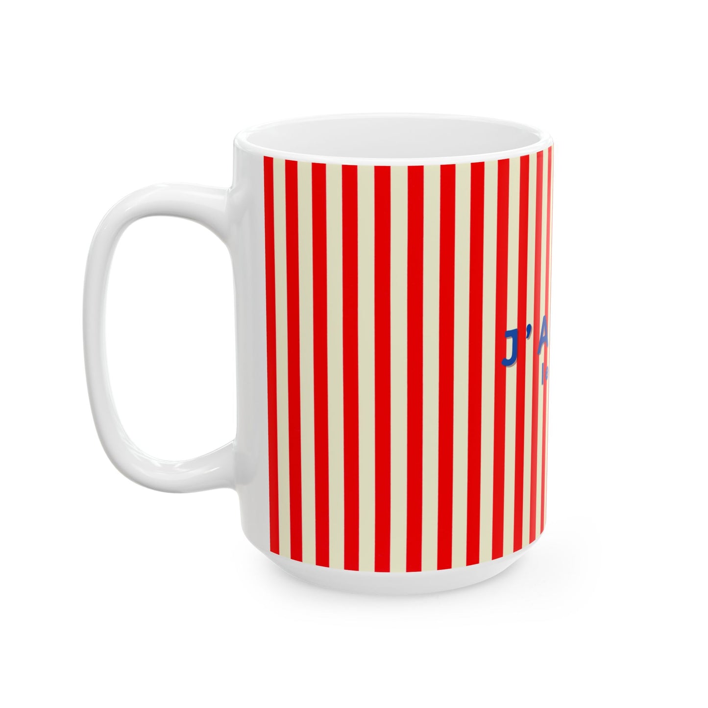 White mug with red and white striped pattern and blue lettering on a white background