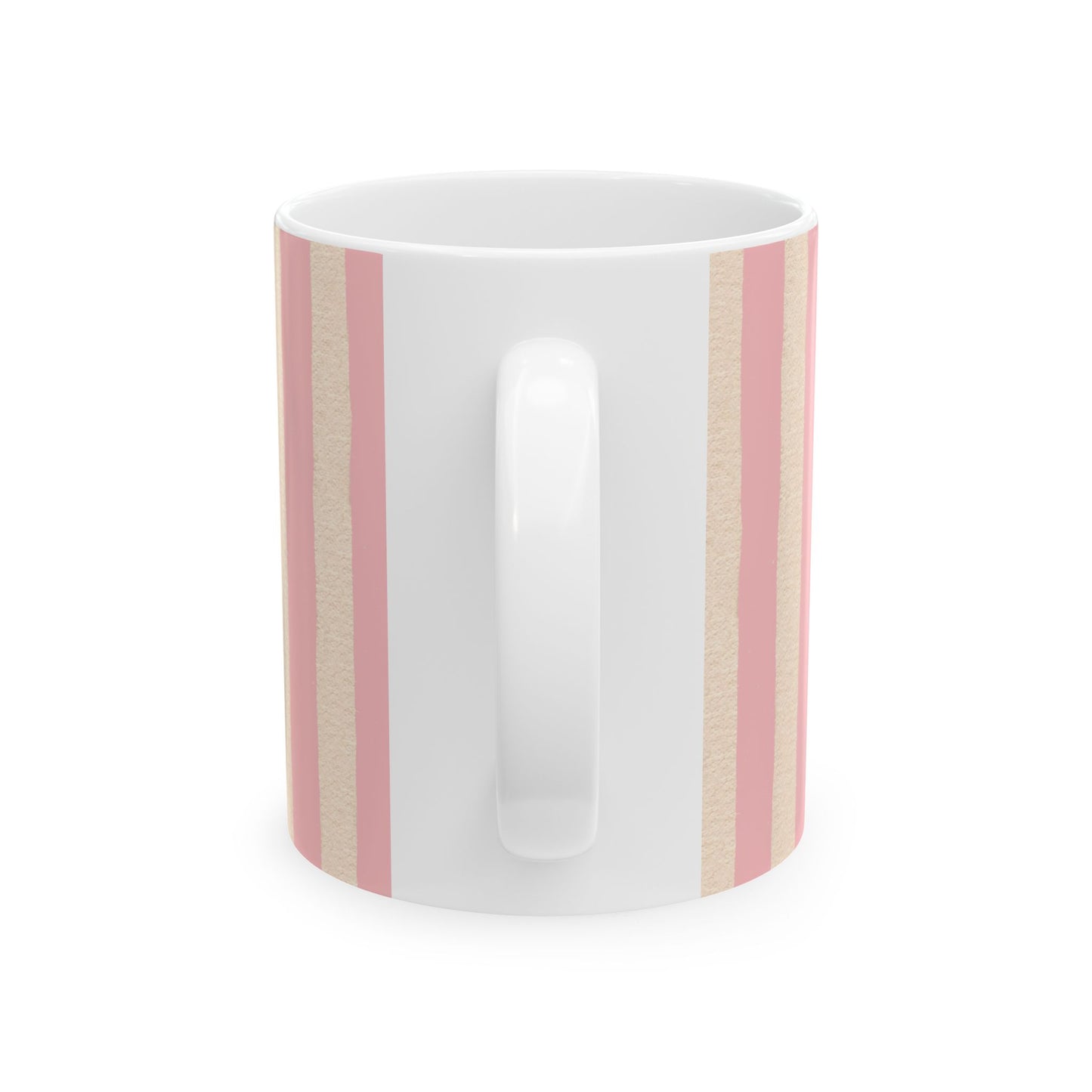 White mug with pink and beige stripes on a white background