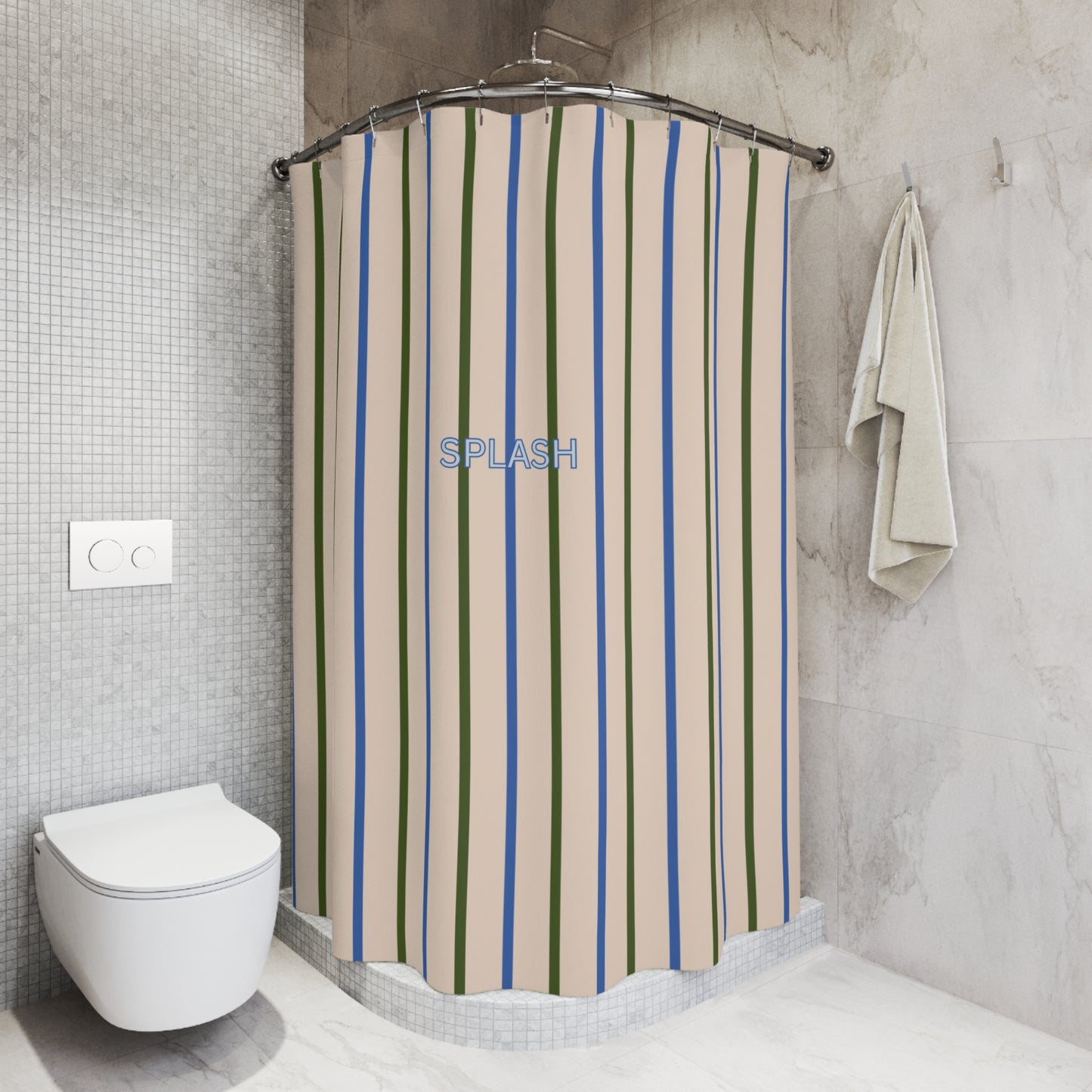 Playful 'SPLASH' Shower Curtain — Beige and Blue Modern Bath Curtain