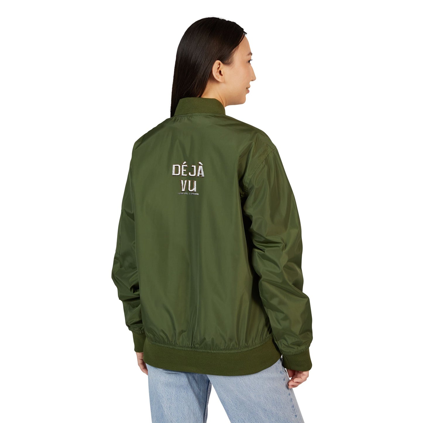 Street Style Bomber Jacket with Embroidered 'Déjà Vu' Design, Fall Fashion 2025
