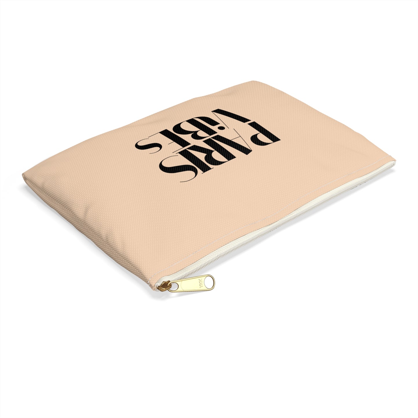 Beige pouch with black text on a white background