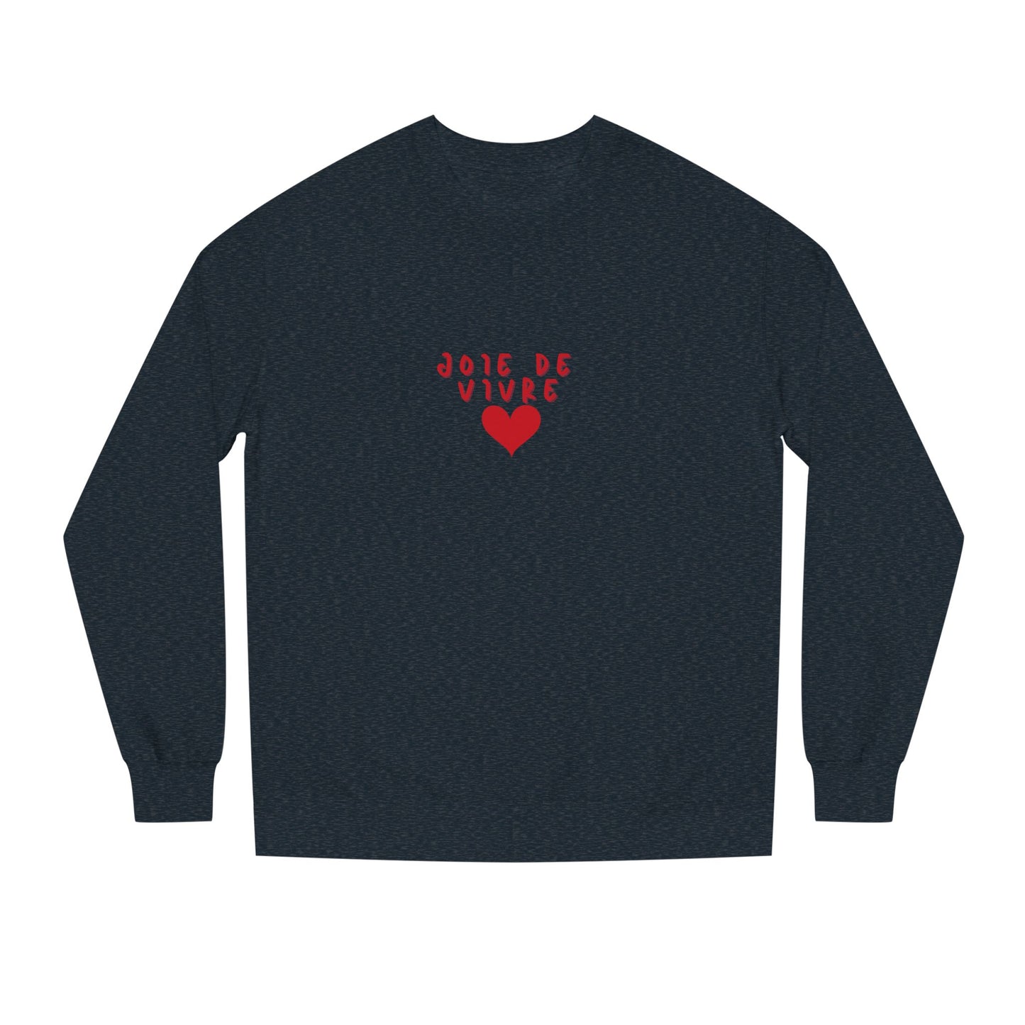 Navy long-sleeve shirt with red text and heart design on a white background