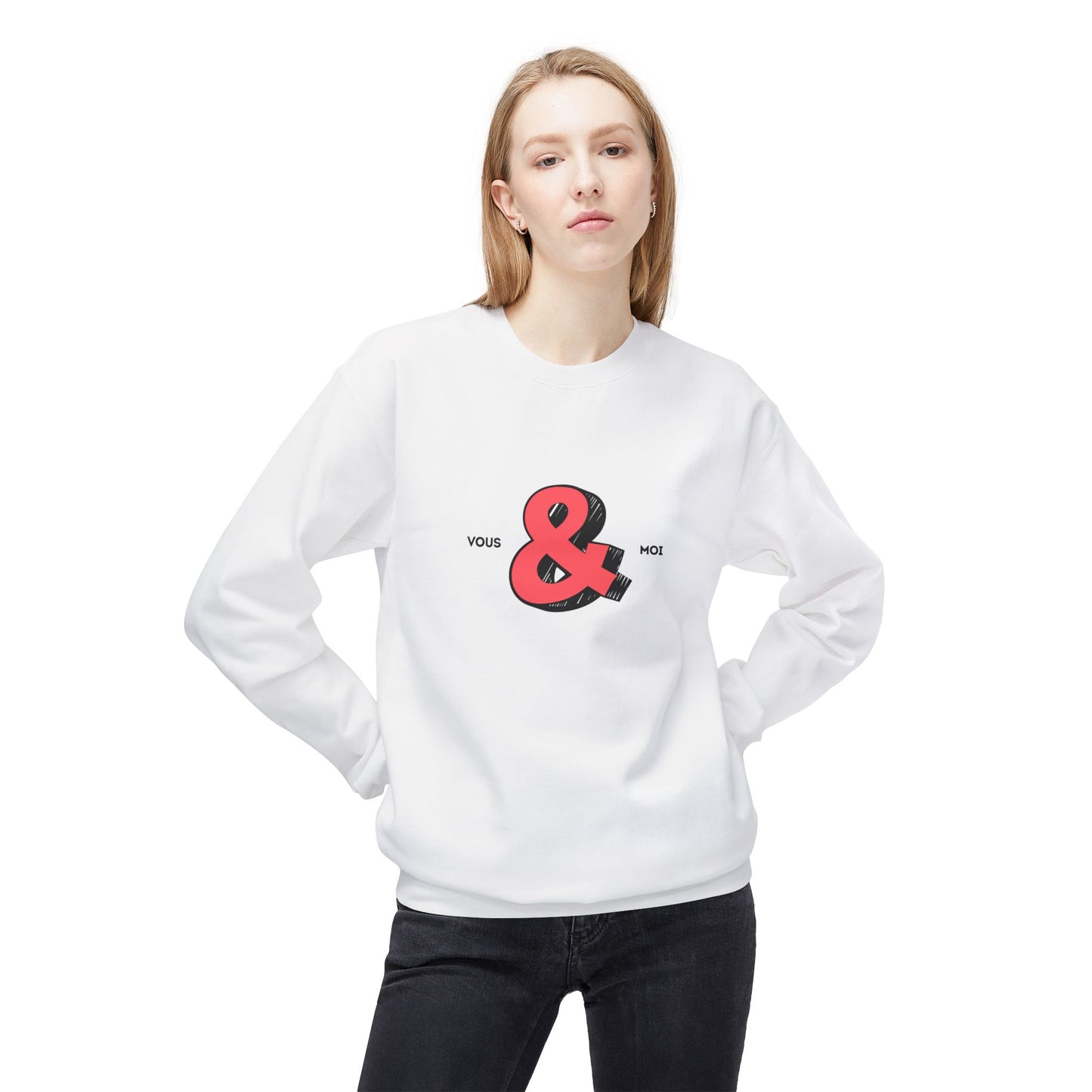 Person wearing a white 90's retro sweatshirt with a red and black design on a white background