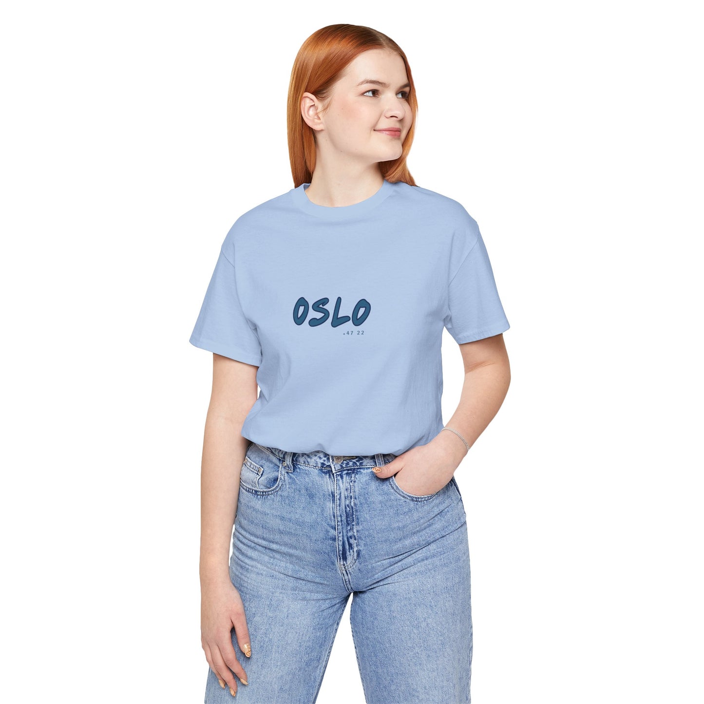 Person wearing a light blue t-shirt with 'OSLO' text on a white background