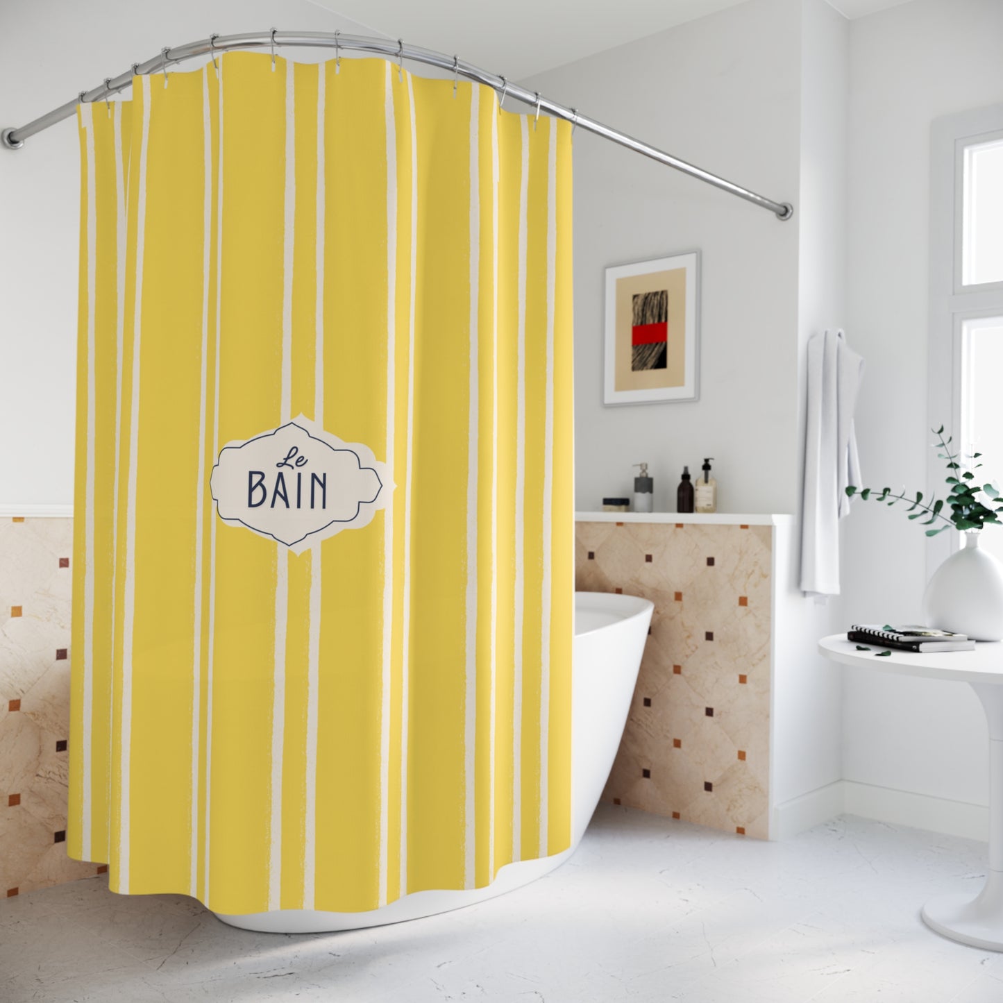 Yellow striped shower curtain with 'Le Bain' label in a bathroom setting