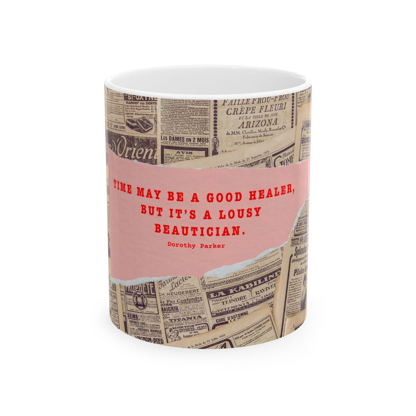 Mug with vintage newspaper design and red text on a white background